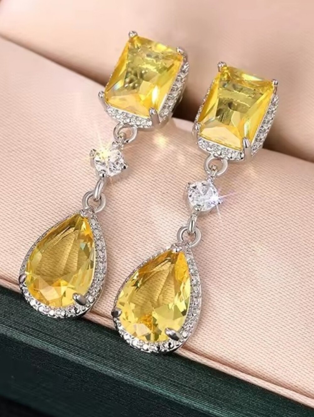 Yellow Cubic Zirconia Dangle Earrings / Brass